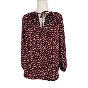 Boden Polly Peasant Blouse Size 8 Burgundy Floral Boho Tie